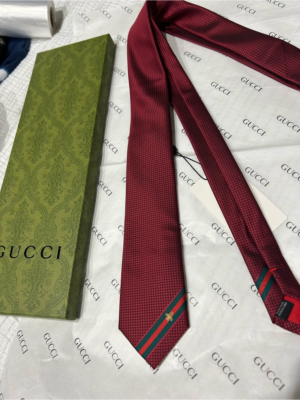 Gucci Burgundy Silk Tie with Green-Red Stripe and Bee Motif